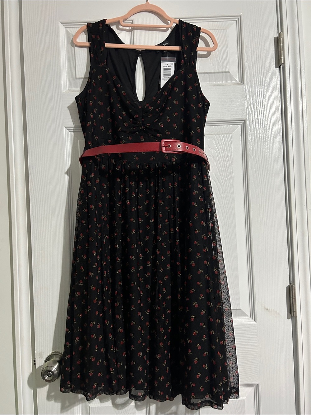 Black Floral Midi Dress with Red Belt